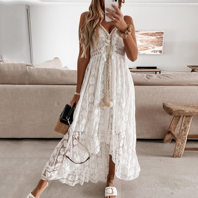 White Boho Lace Maxi Dress Sundress sold by Bonded Tees